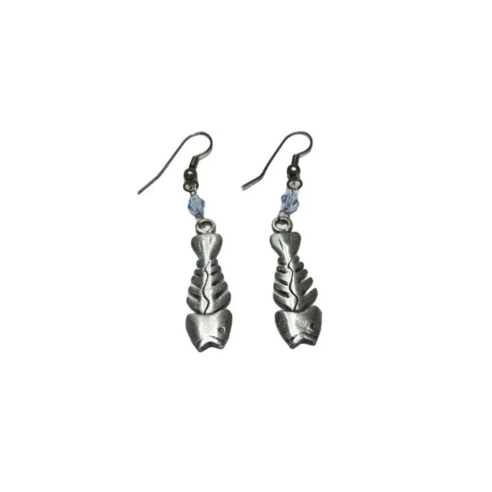 Silver Fishbone Drop Dangle Hook Earrings
